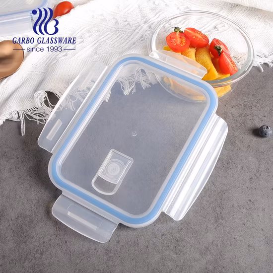 Scatola per il pranzo in vetro a forma rettangolare rotonda, sicura per il forno a microonde, con coperchio in PP