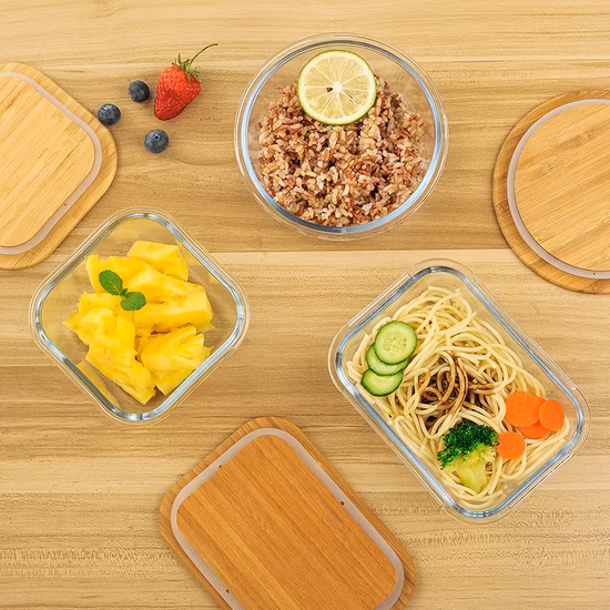 Contenitori per alimenti riscaldati con logo personalizzato Scatola da pranzo in vetro Bento con coperchio in bambù
